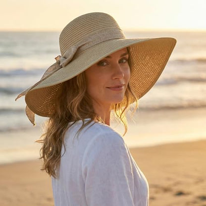 DRESHOW Beach Hats for Women Big Straw Wide Brim Summer Hat Floppy Foldable Roll up Cap Sun Hat UPF 50+ - color: Khaki /Normal Edge