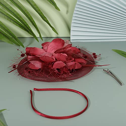 JWICOS Fascinators Hat for Women 50s Flower Hat with Veil Cocktail Wedding Tea Party Church Derby Hat - color: Burgundy