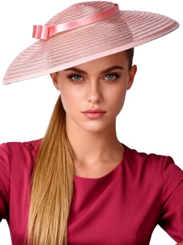 Vintage Fascinators Pillbox Hat for Women Straw Fedora Wide Brim Ladies Church Sinamay Derby Hats - color: Dark Pink