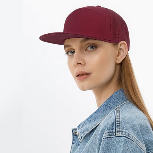 Quick Dry Baseball Cap Flat Brim Snapback Golf Hat for Men Women - color: Burgundy