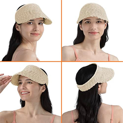 SUN CUBE Women Sun Visor Hat, Straw Beach Hat Wide Brim UV Protection, Foldable Packable Cap, Roll Up Ponytail Summer Visor - color: Beige