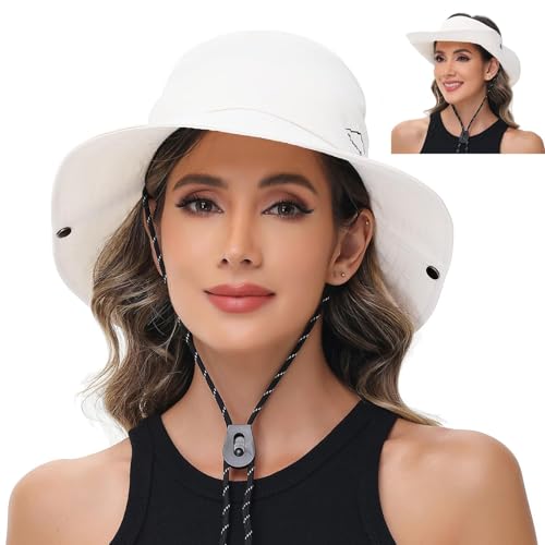 Sun Hats for Women Bucket Hat UV Protection Fishing Hat Wide Brim Safari Hats 2 in 1 Zip-Off Sun Visor Hats UPF 50+ - color: 1pack-pure White
