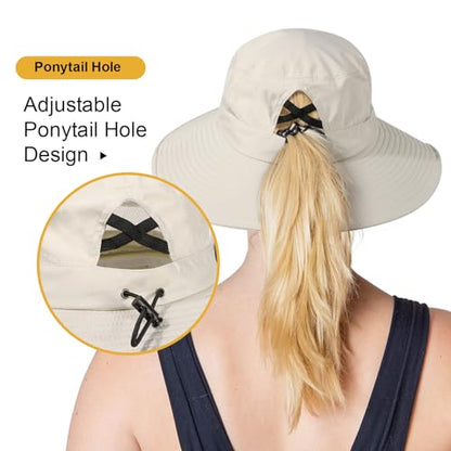Bucket Sun Hat for Women Wide Brim Breathable Mesh UPF50+ Safari Hat Criss Cross Ponytail Hole Outdoor Rain Hat - color: Beige