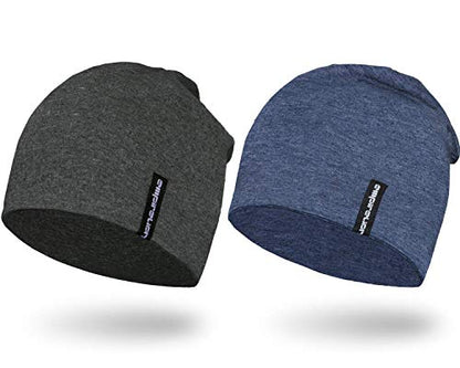 EMPIRELION Mens Running Beanie Hat, 9" Lightweight Helmet Liner Skull Cap - color: Dark Grey Mel. + Steel Blue Mel.