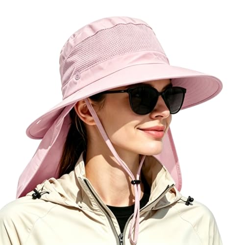 Outdoor Sun Hats with Stowable Neck Flap for Men Women UPF 50+ Mesh Summer Bucket Hat Wide Brim for Fishing Safari Hiking - color: Pink