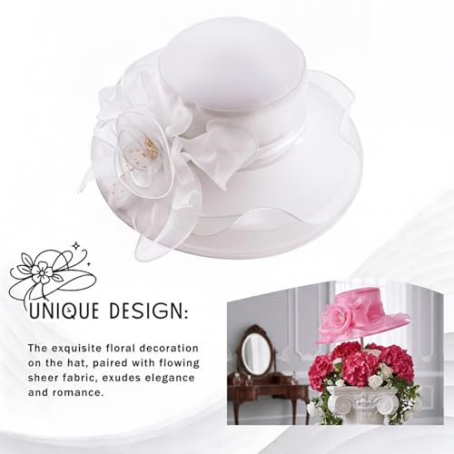 DRESHOW Women Organza Hat Church Cap Hats Clearance Kentucky Derby Cocktail Tea Party Wedding Flower Hat with Wide Brim - color: Flower Hat: White