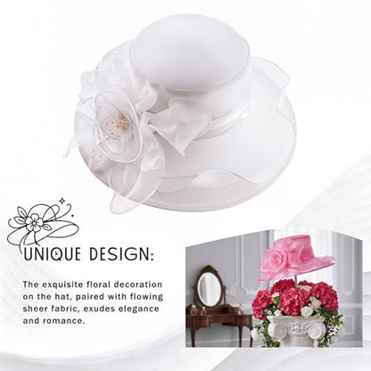 DRESHOW Women Organza Hat Church Cap Hats Clearance Kentucky Derby Cocktail Tea Party Wedding Flower Hat with Wide Brim - color: Flower Hat: White