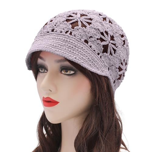 ZLYC Women Summer Slouchy Crochet Hat Handmade Cutout Skull Cap with Visor - color: Plain Light Purple, size: One Size