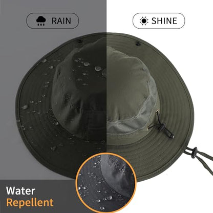 Home Prefer UPF50+ Mens Sun Hat Wide Brim Womens UV Protection Beach Bucket Hat for Fishing Hiking Snap Up Cowboy Hat - color: Army Green