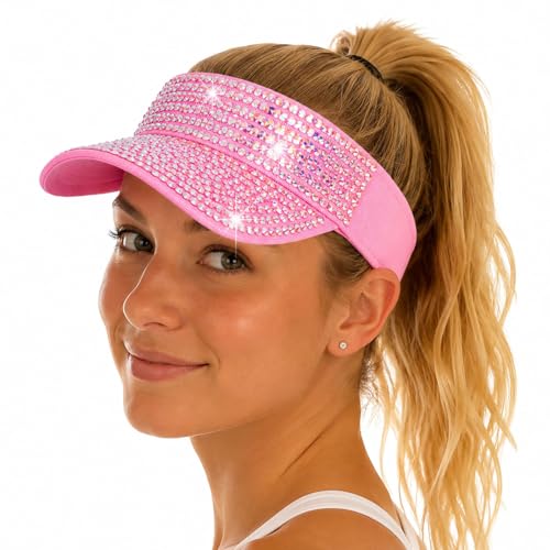 Shiny Women's Bling Rhinestone Visor Sun Protection for Tennis Golf Beach - color: Pinkabcolor