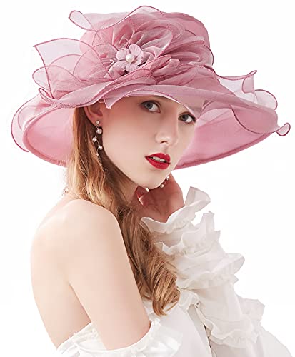 Women Organza Kentucky Hat Fascinator Tea Party Derby Hat Feather Wedding Church Head Ornament Sun Hats - color: 018-pink Purple