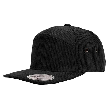 7 Panel Corduroy Cap – Structured Cotton Snapback Flat Bill Adjustable Unisex Streetwear Hat - color: Black