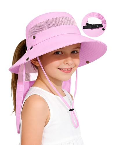 Century Star Kids Sun Hat with Ponytail Hole & Detachable Neck Flap UPF50+ Quick Dry Girls Bucket Hat for Outdoor Beach - color: Light Purple