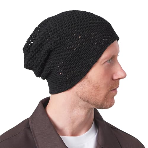 CHARM Lightweight Summer Beanie Hat for Men, Cotton Mesh Beanie for Women, Hand Made Knit Cap - color: Black