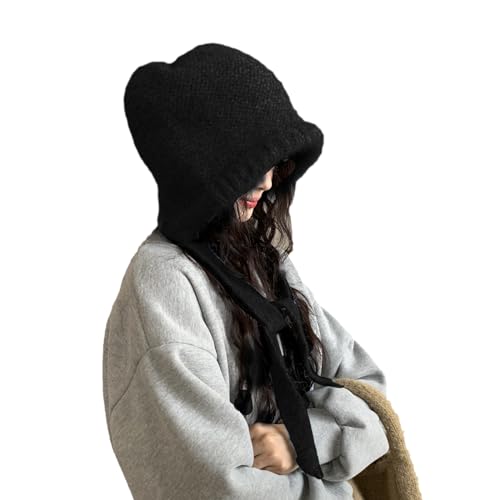 LumiSyne Winter Wool Knitted Hat Adjustable Drawstring Dual Purpose Earflap Hat and Knitted Bag Slouch Beanie Baggy Skull Cap - color: Black