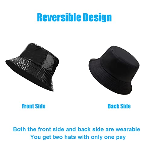Reversible PU Leather Bucket Hats for Women Solid Color Double Wear Summer Hat Unisex - color: Black