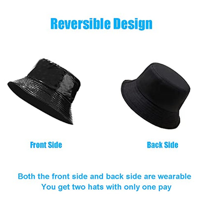 Reversible PU Leather Bucket Hats for Women Solid Color Double Wear Summer Hat Unisex - color: Black