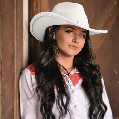 Western Cowboy Hats for Women Classic Felt Wide Brim Fedora Hat with Belt Buckle Retro Panama Hat Unisex Rolled up Cap - color: 1 Pack : White With 3 Rhinestones Bands