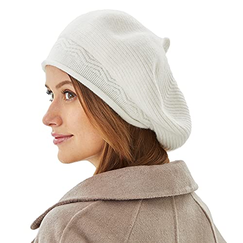 FENELY Beret Hat for Women, French Style Beanie Winter Fashion Warm Thickened Lining Knit Cap - color: White
