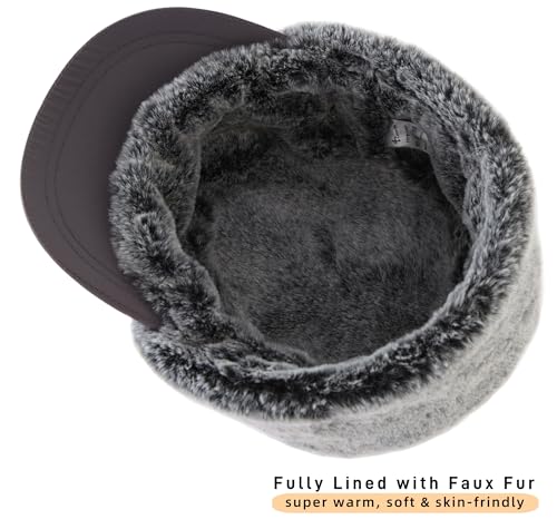 Connectyle Men's Winter Hat with Visor Warm Earflaps Hat Fully Lined Faux Fur Baseball Cap Trapper Hunting Hats - color: Grey