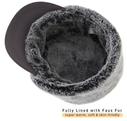 Connectyle Men's Winter Hat with Visor Warm Earflaps Hat Fully Lined Faux Fur Baseball Cap Trapper Hunting Hats - color: Grey
