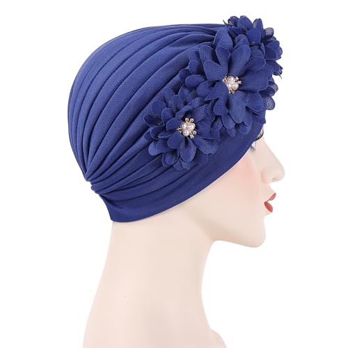 Flower Pre-Tied Turban Beanie, Soft Chemo Cap for Women Cancer Hair Loss - color: Blue