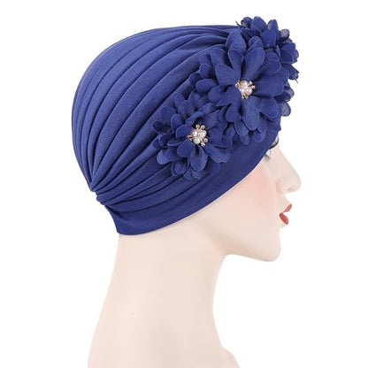 Flower Pre-Tied Turban Beanie, Soft Chemo Cap for Women Cancer Hair Loss - color: Blue