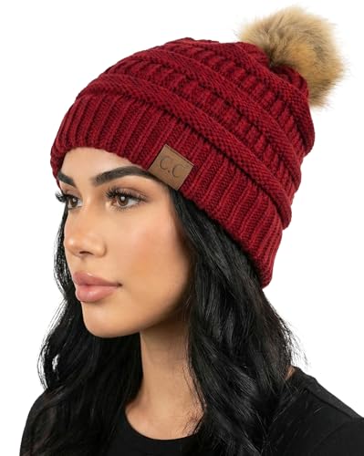 Funky Junque Cozy Ribbed Beanie with Luxurious Faux Fur Pom Pom - Warm Cable Knit Winter Skull Cap - color: Burgundy W/Natural Pom