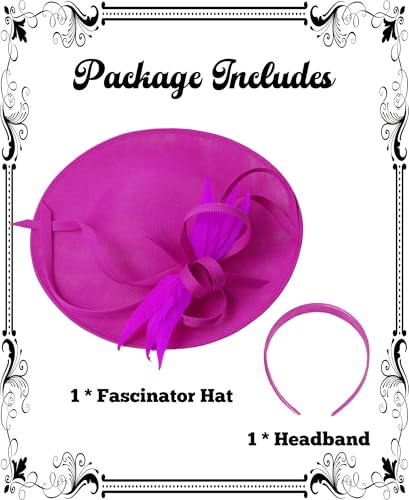 Kidukso Fascinators Hat 20s 50s for Women Derby Hat Vintage Feather Headband for Tea Party Church Wedding Cocktail - color: Rose Red