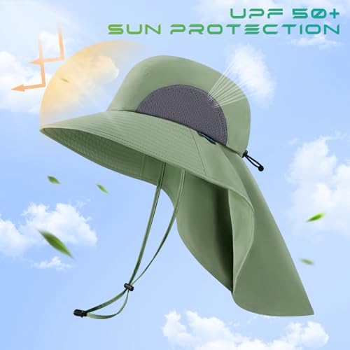 UPF 50+ Foldable Sun Hats Wide Brim with Large Neck Flap for Men Women UV Protection Gardening Fishing Beach Hat - color: Opaline Green