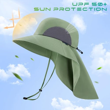 UPF 50+ Foldable Sun Hats Wide Brim with Large Neck Flap for Men Women UV Protection Gardening Fishing Beach Hat - color: Opaline Green