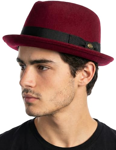 Funky Junque Wool Blend Porkpie Fedora, Classic Trilby Dress Hat - color: Burgundy, size: Medium