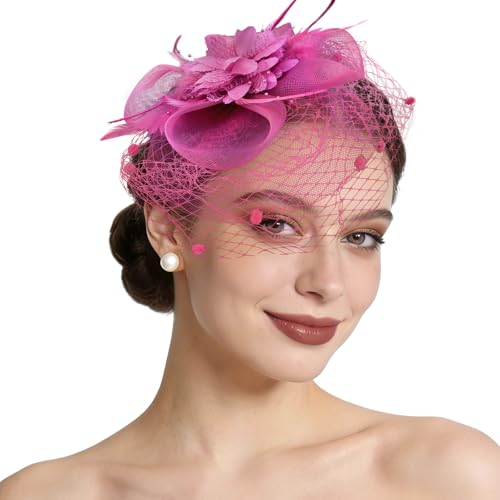 Semato Fascinators Hats for Women Mesh Feathers ElegantHot Pink Tea Party Kentucky Hat Derby Headband with Hair Clip - color: Hot Pink