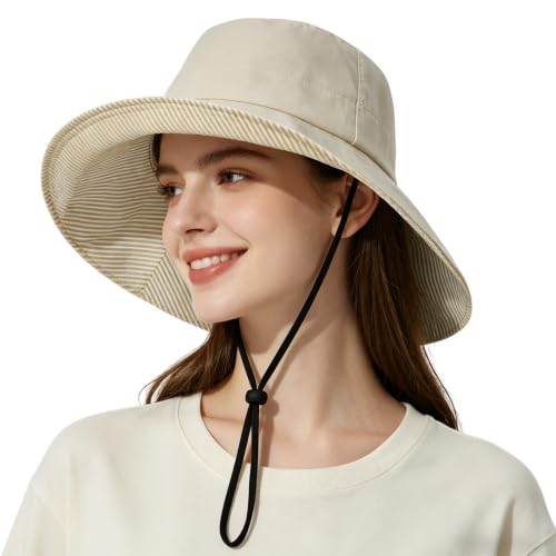 Womens Wide Brim Sun Hat UPF 50+ Foldable Bucket for Beach Travel - color: Beige