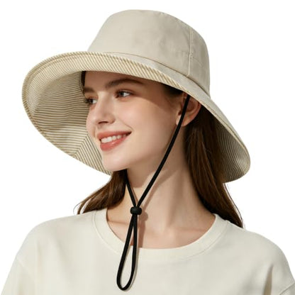 Womens Wide Brim Sun Hat UPF 50+ Foldable Bucket for Beach Travel - color: Beige