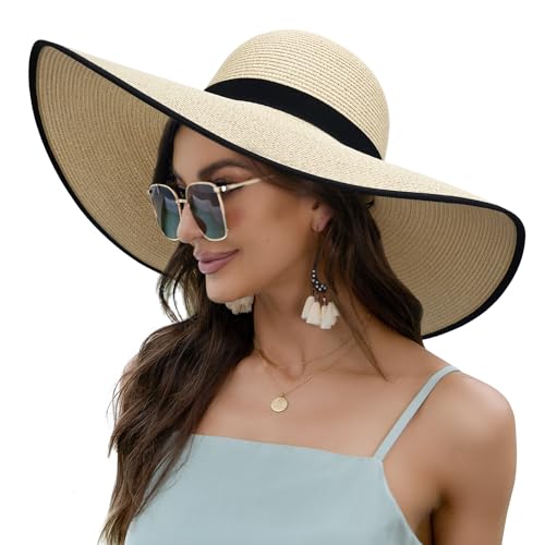 Women Wide Brim Sun Hat UPF50 Straw Summer Hat Floppy Beach Hat Roll-Up - color: Beige