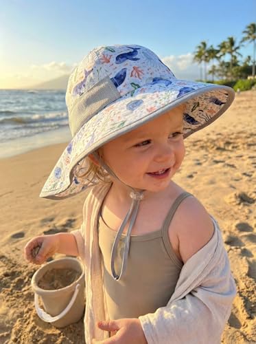 icolor Kids Sun Hat UPF50+ Sun Protection Bucket Hat Toddler Summer Beach Play Hats with Neck Flap for Girl Boy Ages 3~10 - color: Deep Sea Creature