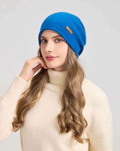 100% Merino Wool Slouchy Beanie Hat, Women Warm Winter Caps Soft, Ladies Breathable & Cozy Stretchy Knitted Skull Cap - color: Sky Blue