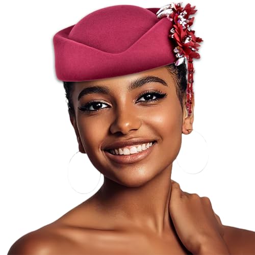 Women's Retro Stewardess Felt Hat, British Berets, Rhinestone Flower Decor, Ladies' Church Derby Hat - color: Tassel Style-wine Red