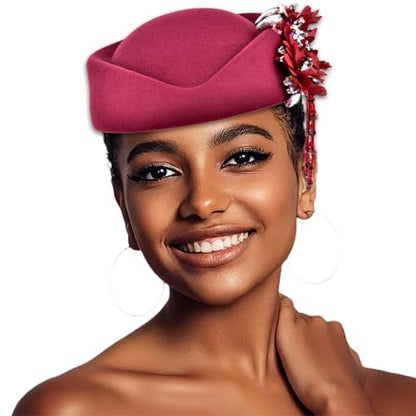 Women's Retro Stewardess Felt Hat, British Berets, Rhinestone Flower Decor, Ladies' Church Derby Hat - color: Tassel Style-wine Red