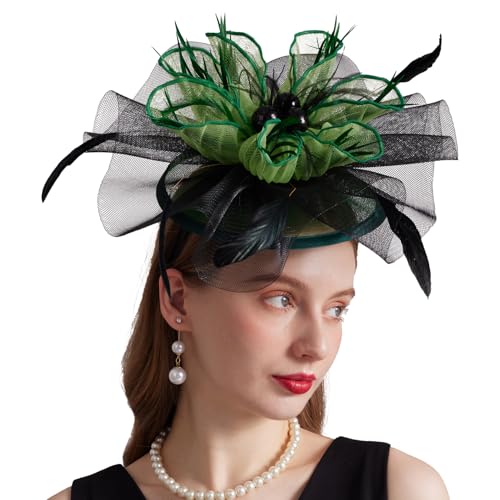 Women Organza Church Derby Hat Wide Brim Sun Caps for Wedding Tea Party Hat with Detachable hat Flower as Headgear - color: 11-green