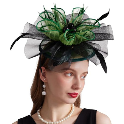 Women Organza Church Derby Hat Wide Brim Sun Caps for Wedding Tea Party Hat with Detachable hat Flower as Headgear - color: 11-green