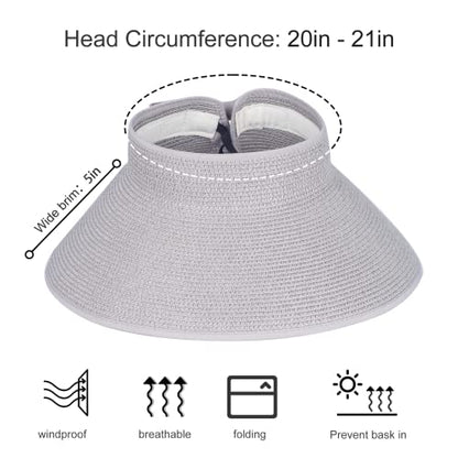 Women Sun Visors Foldable Straw Hats Summer Beach Packable Hat Floppy Wide Brim Cap Deep Style, Adjustable Size - color: Gray Black