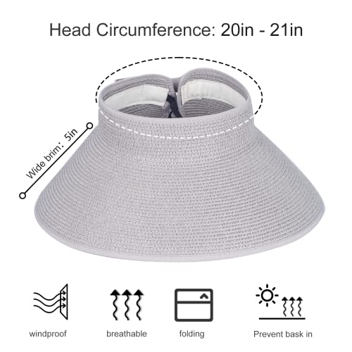 Women Sun Visors Foldable Straw Hats Summer Beach Packable Hat Floppy Wide Brim Cap Deep Style, Adjustable Size - color: Gray Black