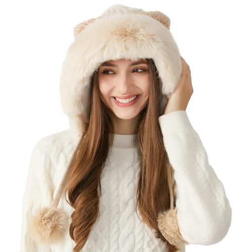 HUAMULAN Women Winter Sherpa Beanie Hats Knit Ear Flaps Fleece Lined - color: Beige