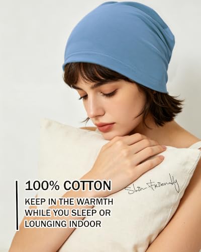 ROYBENS 100% Cotton Thin Slouchy Beanie Hat Women Men Lightweight Chemo Cap - color: 1pcs-light Blue