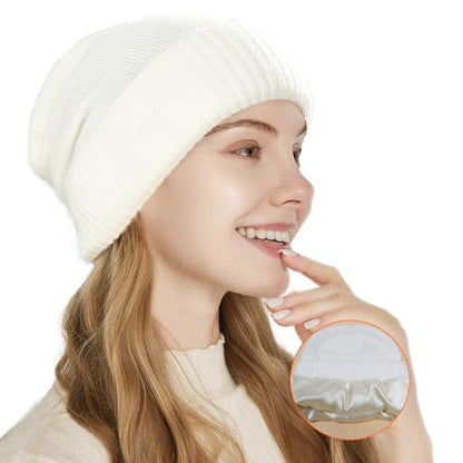 Facecozy Satin Lined Beanie for Women Soft Satin Lining Slouchy Winter Hats - color: Snow White