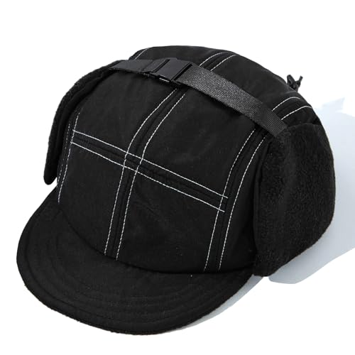 Clakllie Winter Earflaps Hat Short Brim Baseball Cap with Ear Flap Warm Trapper Hat Soft 5 Panel Style Russian Hats - color: Cdus-bswd2403-black