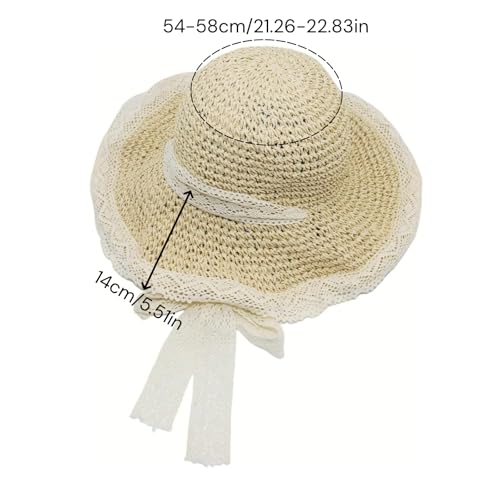Ladies Wide Brim Beach Straw Hat Summer Vacation Sun Protection Hat Braided Lace Edge Hat Soft Foldable Lightweight - color: Beige