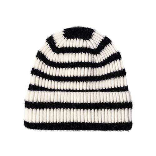 CORIRESHA Unisex Fashion Striped Beanie Cuffed Winter Warm Cozy Chunky Rib Knit Hat - color: 2_white Black